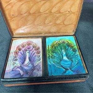 Vintage 1970's Peacock Playing Cards in Italian Leather Card Case
